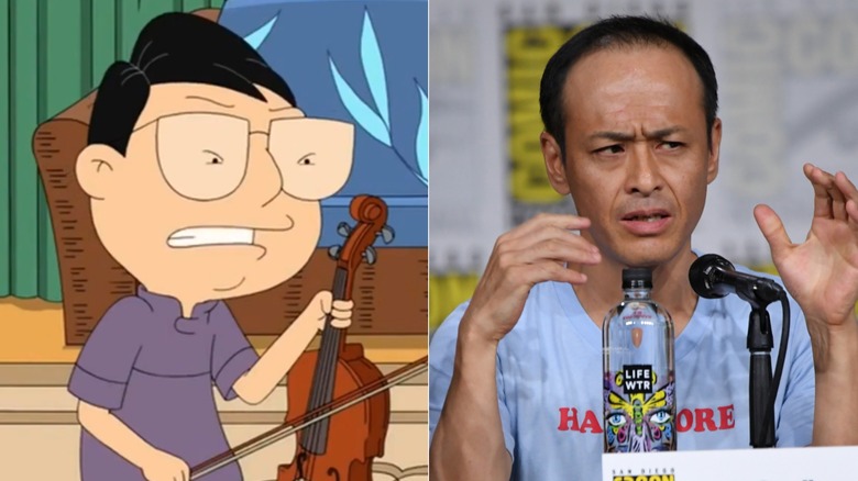 Left: Toshi Yoshida in "American Dad!"; Right: Daisuke Suzuki speaking into a microphone on a panel