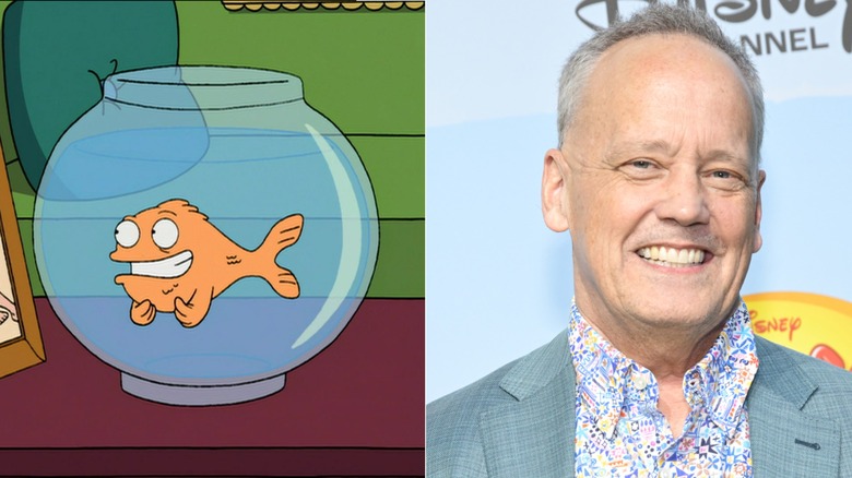 Left: Klaus Heisler in a fish bowl in "American Dad!"; Right: Dee Bradley Baker posing for a photo