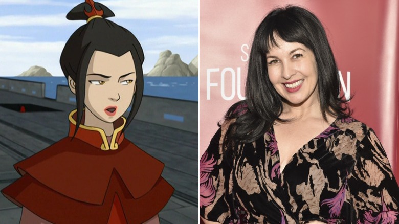 Azula speaking on a boat, and Grey DeLisle smiling in a patterned black dress