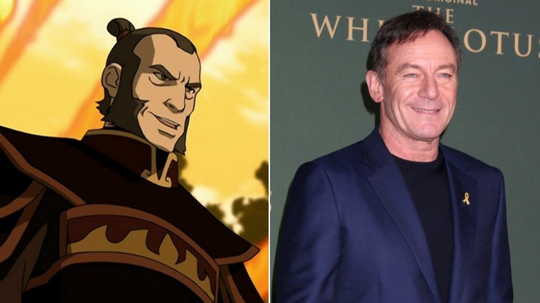 Commander Zhao with a firm expression, and Jason Isaacs smiling on the White Lotus red carpet