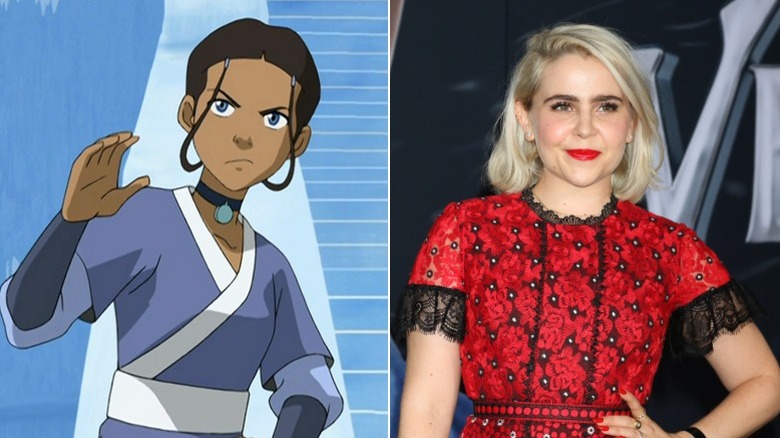 Katara frowning with her hand up, and Mae Whitman smirking in a red dress