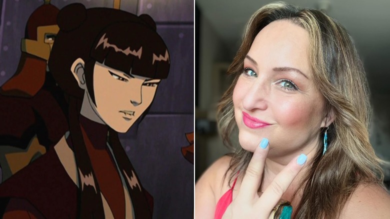 Mai looking serious, and Cricket Leigh posing making a peace sign