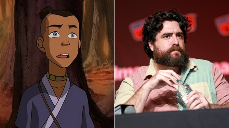 Sokka looking surprised, and Jack De Sena sitting on stage with a water bottle