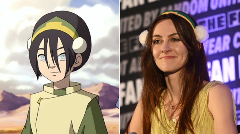 Toph in green and tan outfit, and Jessie Flower smiling in Toph costume