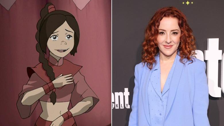 Ty Lee with a hand on her chest, and Olivia Hack smiling with red hair and a blue suit