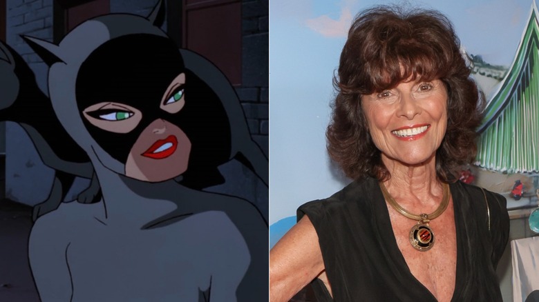 Catwoman with a cat on her shoulders on Batman: The Animated Series next to Adrienne Barbeau smiling