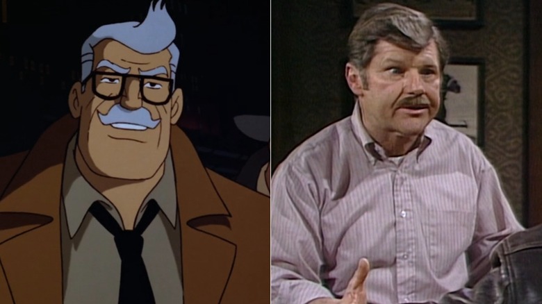 Commissioner Gordon smirking on Batman: The Animated Series next to Tommy Kelsey behind the bar on All in the Family
