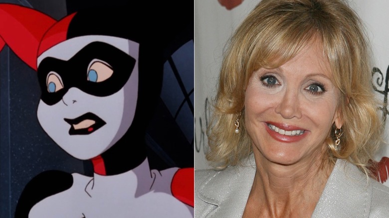 Harley Quinn sneering on Batman: The Animated Series next to Arleen Sorkin smiling