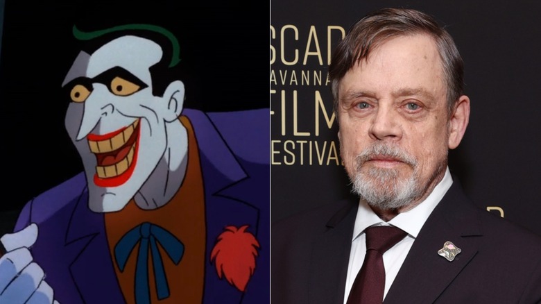 Joker smiling on Batman: The Animated series next to Mark Hamill at a red carpet event