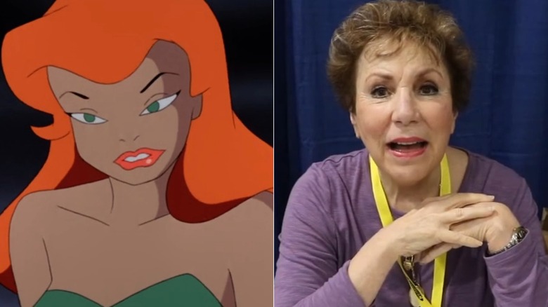 Poison Ivy looking sultry on Batman: The Animated Series next to Diane Pershing speaking at a convention