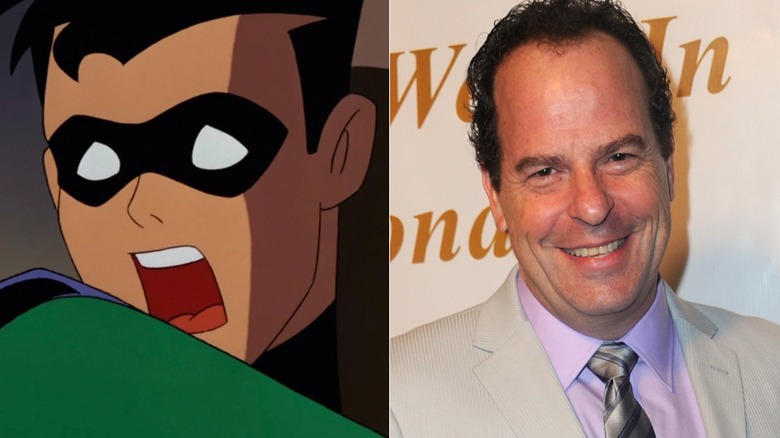 Robin screaming on Batman: The Animated Series next to Loren Lester smiling on a red carpet