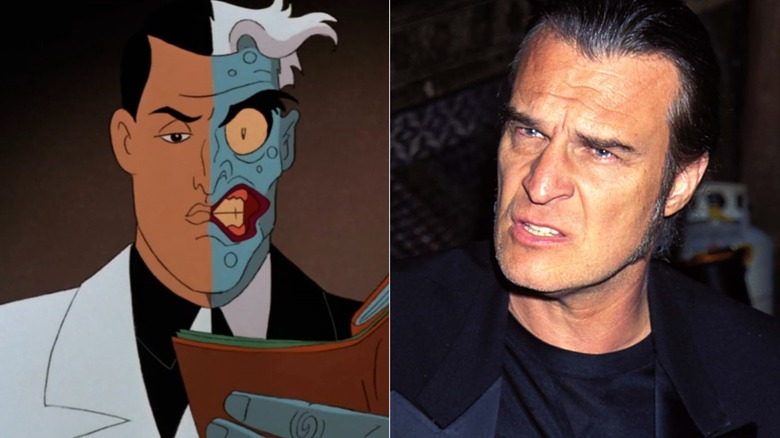 Two-Face holding a wallet on Batman: The Animated Series next to Richard Moll grimacing