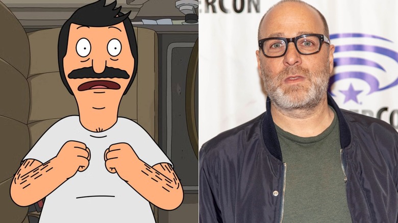 Bob Belcher lying down on Bob's Burgers next to H. Jon Benjamin posing at WonderCon