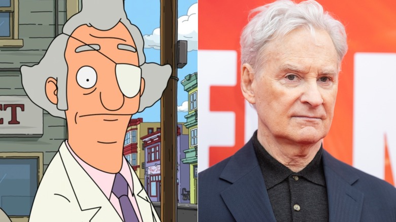 Mr. Fischoeder wearing an eyepatch on Bob's Burgers next to Kevin Kline at a movie premiere