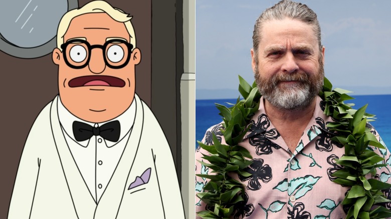 Felix in a suit on Bob's Burgers next to Zach Galifianakis wearing a lei