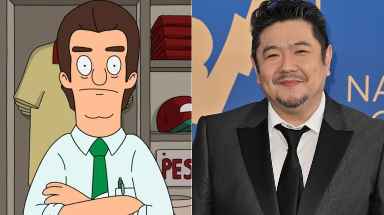 Jimmy Pesto with arms crossed on Bob's Burgers next to Eric Bauza at an awards show