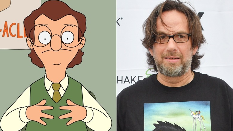 Mr. Frond holding his hands up on Bob's Burgers next to David Herman on the red carpet
