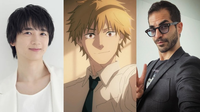 Kikunosuke Toya smiling, Denji, and Ryan Colt Levy holding a peace sign