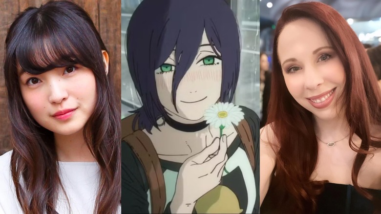 Reina Ueda smiling, Reze holding a flower, and Alexis Tipton smiling