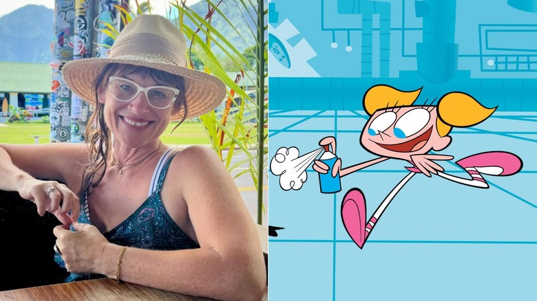 Allison Adams wearing hat on vacation; Dee Dee spraying aerosol