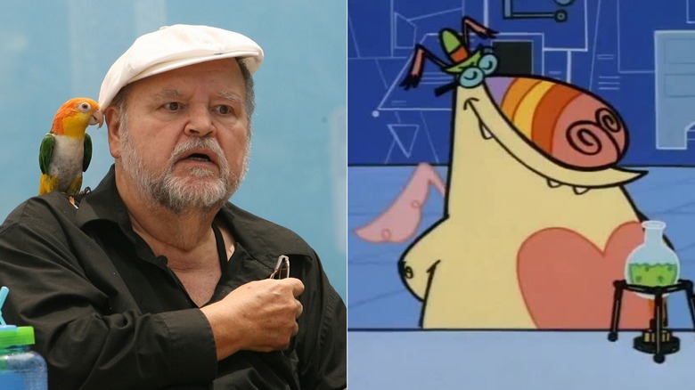 Dom Deluise with parrot on shoulder; Koosalagoopagoop looking smug