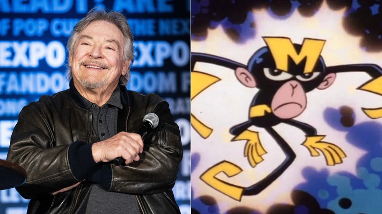 Frank Welker holding microphone; Monkey preparing for battle