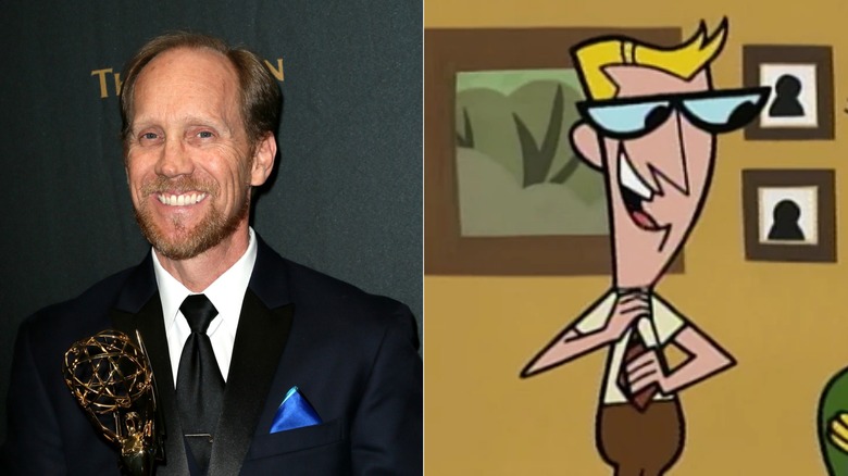 Jeff Bennett holding award; Dad fixing tie