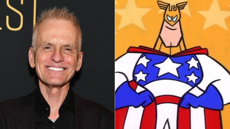 Rob Paulsen on red carpet; Major Glory standing with hands on hips