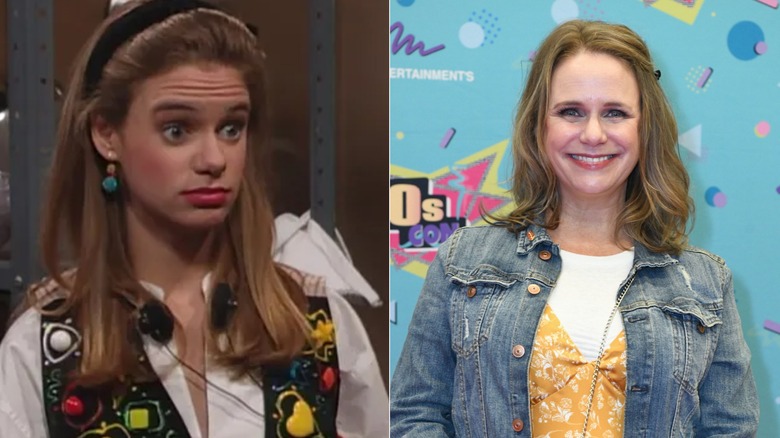 Kimmy looks surprised on "Full House" and Andrea Barber smiles at a convention in 2024