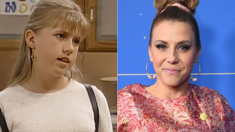 Stephanie frowning in "Full House" and Jodie Sweetin in 2024