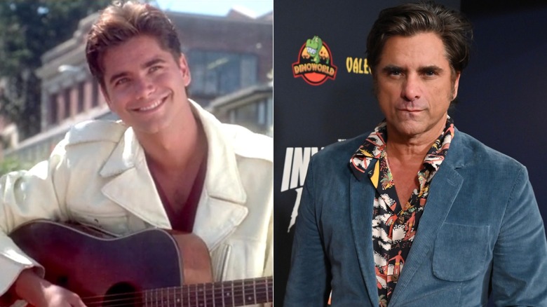 Jesse strumming a guitar in "Full House" and John Stamos in 2024