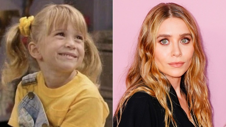 Michelle looks up and smiles in "Full House" and Mary Kate Olsen at CFDA awards in 2019.