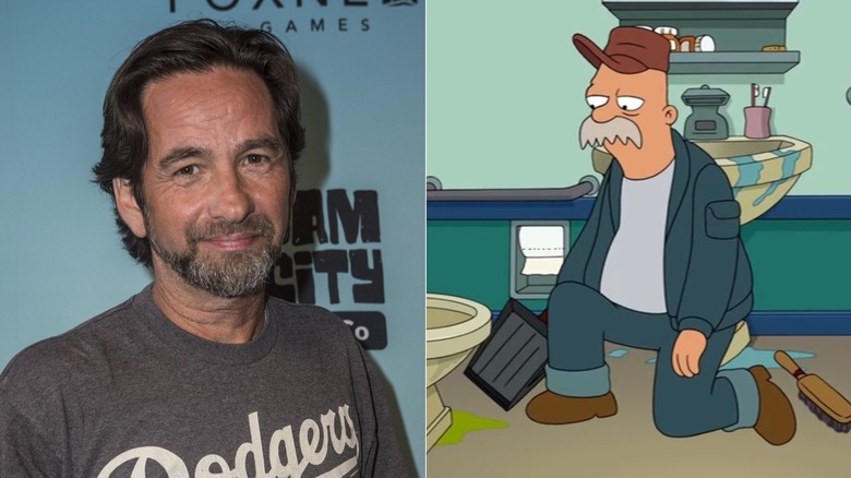 David Herman smiling next to Scruffy kneeling next to toilet in Futurama