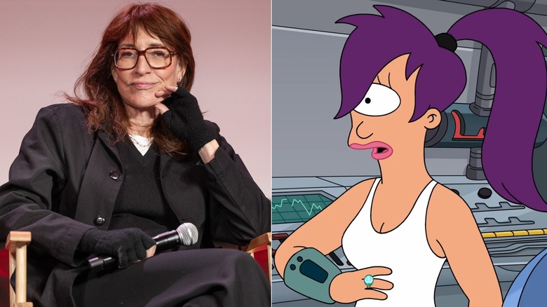 Katey Sagal holding microphone next to Leela gasping in Futurama