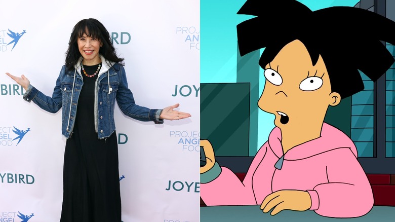 Lauren Tom holding out arms smiling next to Amy talking in Futurama