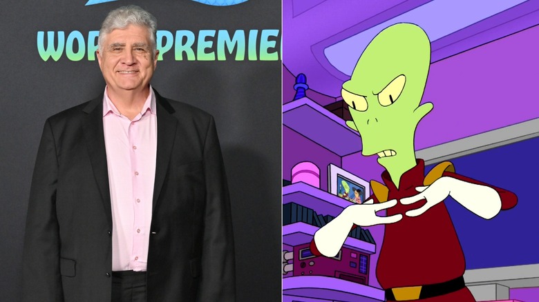 Maurice LaMarche smiling at premiere next to Kif talking in Futurama