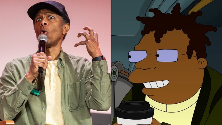 Phil LaMarr talking in microphone next to Hermes smiling in Futurama