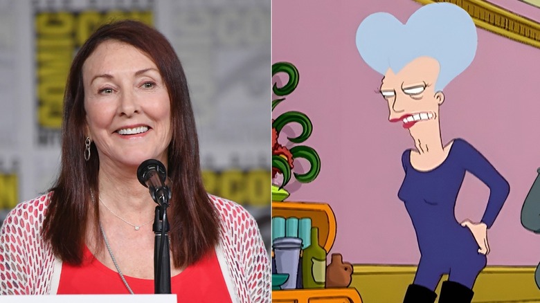 Tress MacNeille smiling next to Mom groaning in Futurama