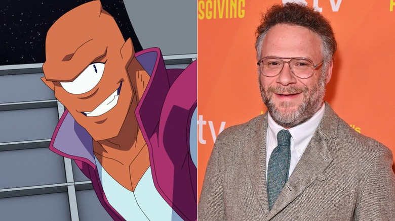 Allen the Alien grinning on Invincible next to Seth Rogen smiling at Hilarity for Charity event