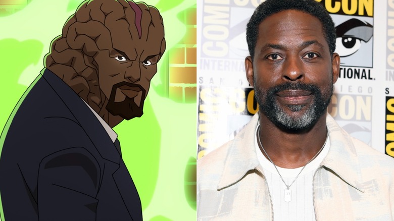 Angstrom Levy standing in front of a green portal on Invincible next to Sterling K. Brown posing at Comic-Con