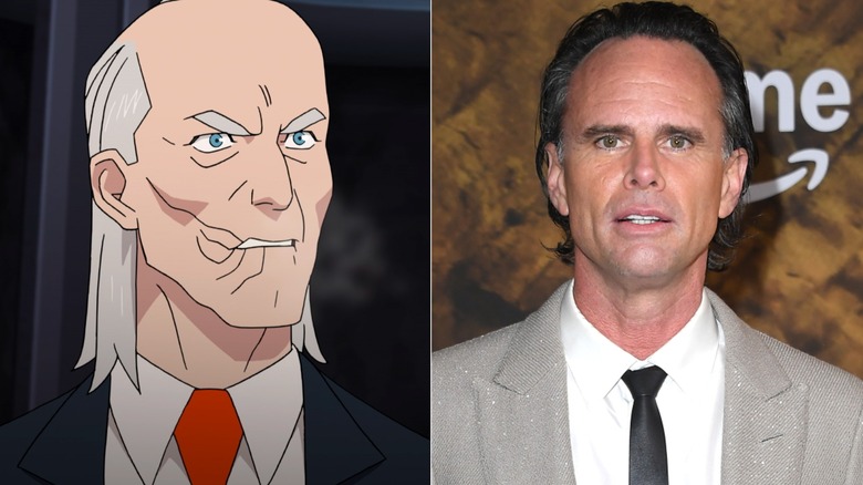 Cecil looking angry on Invincible next to Walton Goggins posing at Fallout Season 2 premiere