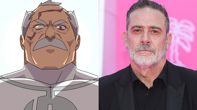 Conquest looking down menacingly on Invincible next to Jeffrey Dean Morgan with a pink backdrop