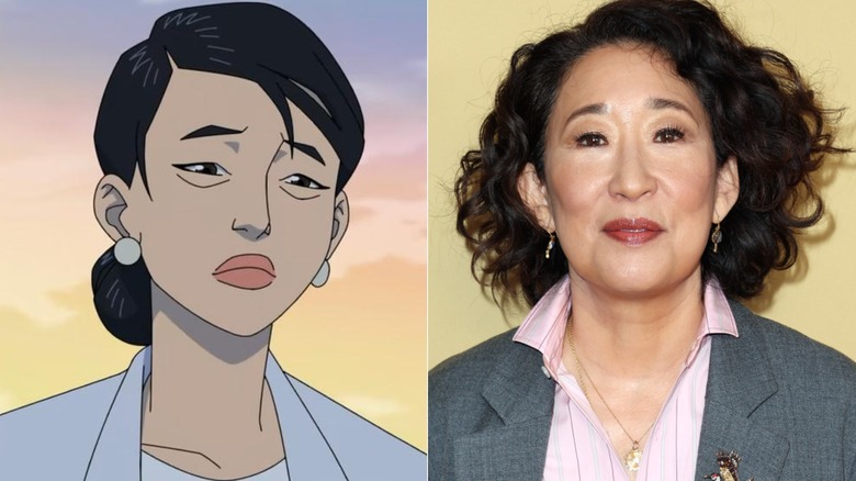 Debbie Grayson looking sad on Invincible next to Sandra Oh posing at an event