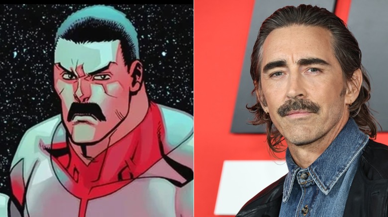 Thragg in space in the Invincible comics next to Lee Pace at The Running Man premiere