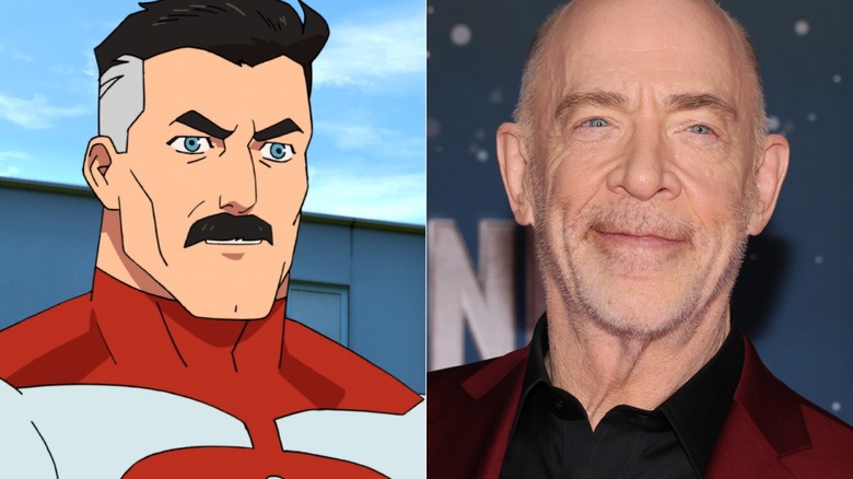 Omni-Man scouring on Invincible next to J.K. Simmons posing at Red One red carpet