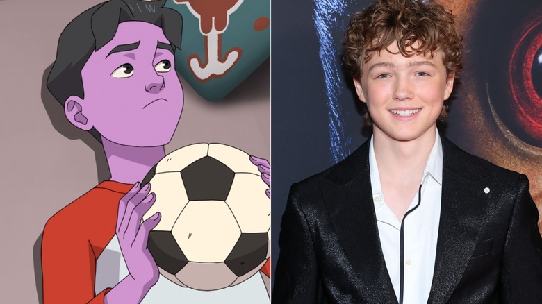 Oliver holding a soccer ball on Invincible next to Christian Convery smiling at The Monkey premiere