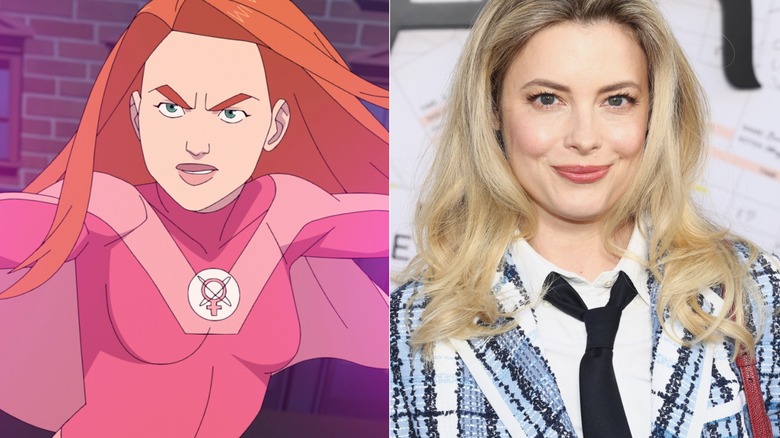 Atom Eve using her powers on Invincible next to Gillian Jacobs posing at The Bear premiere