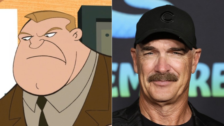 Principal Barton glaring down at Kim, Warbuton smirking in baseball cap