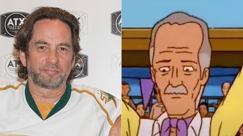 David Herman poses at a "Futurama" table read in 2018; Bug Gribble raises his hands