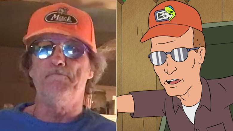 Johnny Hardwick wears Dale Gribble-like sunglasses and a hat; Dale Gribble emerges from a waste bin